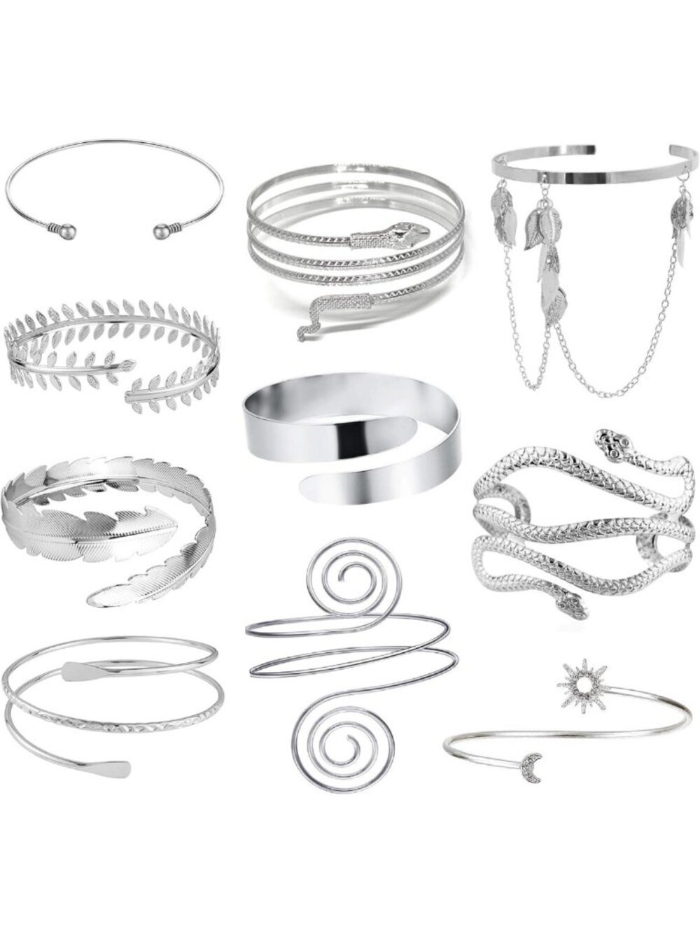 6-10Pcs Adjustable Arm Cuff Bracelets for Women - Boho Snake Feather Armbands